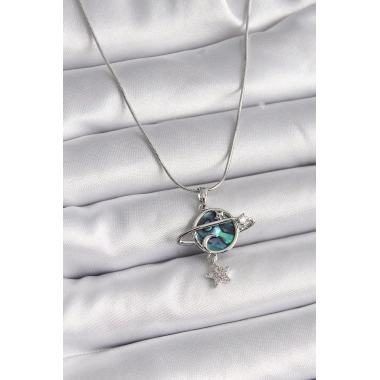 316L Çelik Gümüş Renk Zincir Zirkon Taşlı Gezegen Model Kadın Kolye