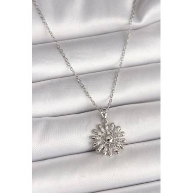 316L Çelik Gümüş Renk Zincir Zirkon Taşlı Güneş Model Kadın Kolye