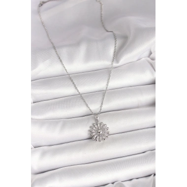 316L Çelik Gümüş Renk Zincir Zirkon Taşlı Güneş Model Kadın Kolye