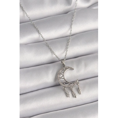 316L Çelik Gümüş Renk Zincir Zirkon Taşlı Hilal Model Sallantı Yaprak Detay Kadın Kolye