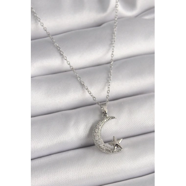 316L Çelik Gümüş Renk Zincir Zirkon Taşlı Hilal Model Yıldız Detay Kadın Kolye