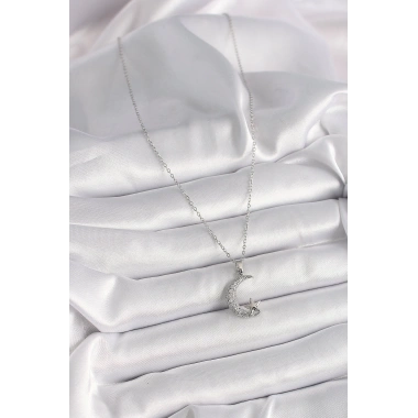 316L Çelik Gümüş Renk Zincir Zirkon Taşlı Hilal Model Yıldız Detay Kadın Kolye