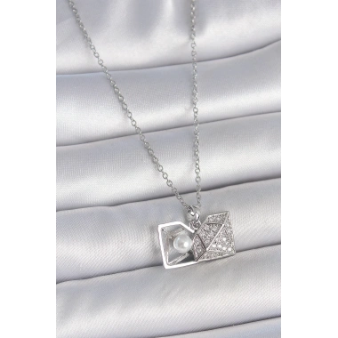 316L Çelik Gümüş Renk Zincir Zirkon Taşlı İncili Açılır Elmas Model Kadın Kolye