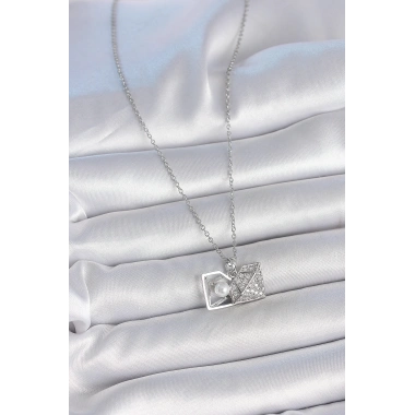 316L Çelik Gümüş Renk Zincir Zirkon Taşlı İncili Açılır Elmas Model Kadın Kolye