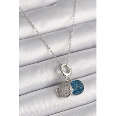 316L Çelik Gümüş Renk Zincir Zirkon Taşlı İşleme Mavi Simli Kadın Kolye