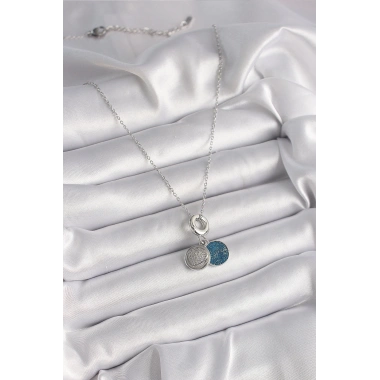 316L Çelik Gümüş Renk Zincir Zirkon Taşlı İşleme Mavi Simli Kadın Kolye