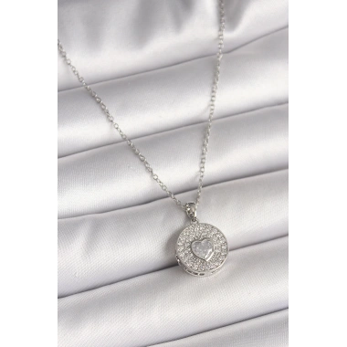 316L Çelik Gümüş Renk Zincir Zirkon Taşlı Kalp İşlemeli Madalyon Model Kadın Kolye