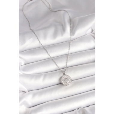 316L Çelik Gümüş Renk Zincir Zirkon Taşlı Kalp İşlemeli Madalyon Model Kadın Kolye