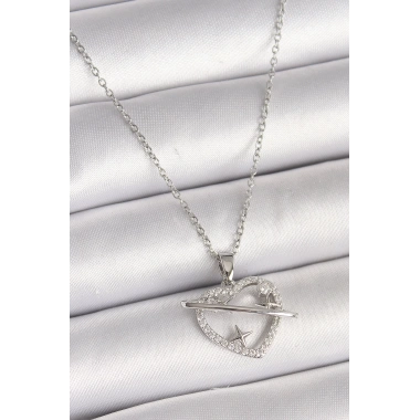 316L Çelik Gümüş Renk Zincir Zirkon Taşlı Kalp Model Yıldız Detay Kadın Kolye