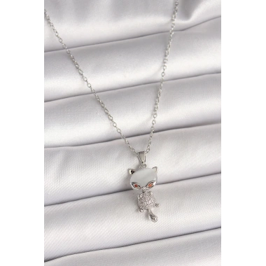 316L Çelik Gümüş Renk Zincir Zirkon Taşlı Kedi Model Kadın Kolye