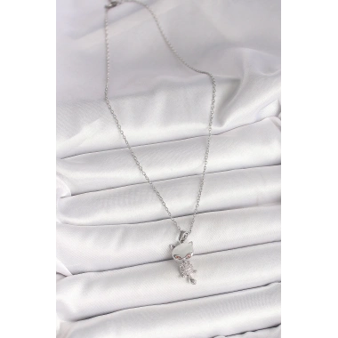 316L Çelik Gümüş Renk Zincir Zirkon Taşlı Kedi Model Kadın Kolye