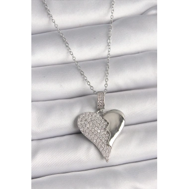 316L Çelik Gümüş Renk Zincir Zirkon Taşlı Kırık Kalp Model Kadın Kolye