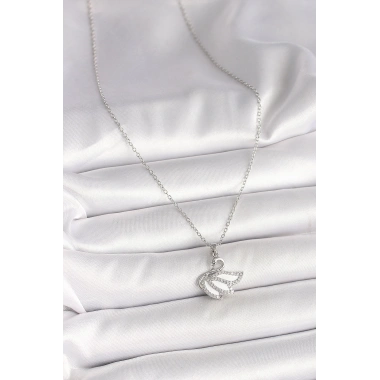 316L Çelik Gümüş Renk Zincir Zirkon Taşlı Kuğu Model Kadın Kolye