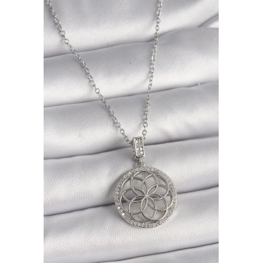 316L Çelik Gümüş Renk Zincir Zirkon Taşlı Lotus Model Kadın Kolye