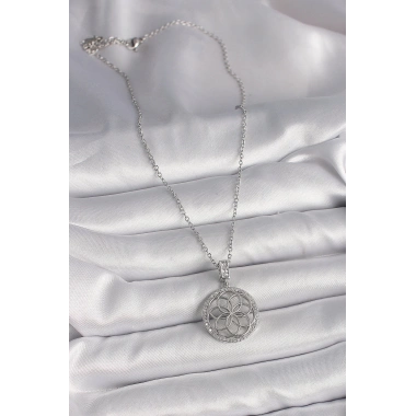 316L Çelik Gümüş Renk Zincir Zirkon Taşlı Lotus Model Kadın Kolye
