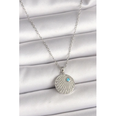 316L Çelik Gümüş Renk Zincir Zirkon Taşlı Mavi Taş Detaylı Madalyon Model Kadın Kolye
