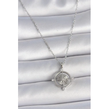 316L Çelik Gümüş Renk Zincir Zirkon Taşlı Pusula Model Kadın Kolye
