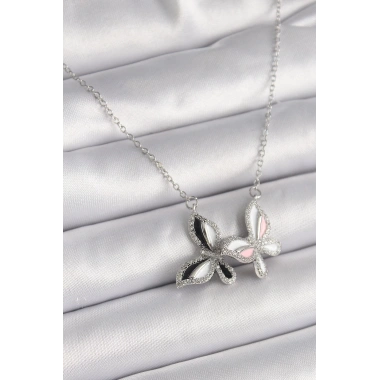 316L Çelik Gümüş Renk Zincir Zirkon Taşlı Renkli Kelebek Model Kadın Kolye