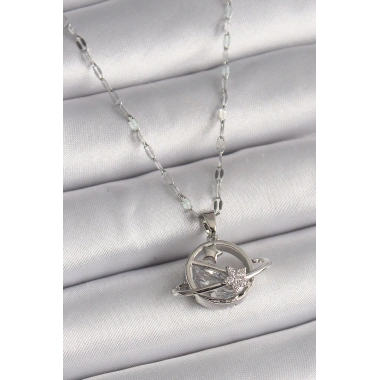 316L Çelik Gümüş Renk Zincir Zirkon Taşlı Yıldız Detay Gezegen Model Kadın Kolye