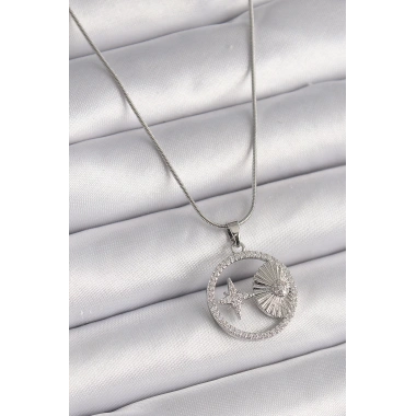 316L Çelik Gümüş Renk Zincir Zirkon Taşlı Yıldız Madalyon Model Kadın Kolye
