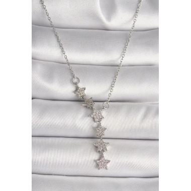 316L Çelik Gümüş Renk Zincir Zirkon Taşlı Yıldız Model Kadın Kolye