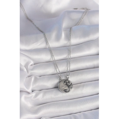 316L Çelik Gümüş Renk Zincir Zirkon Taşlı Ying Yang Model Gün Batımı İşlemeli Arakdaşlık Kadın Kolye