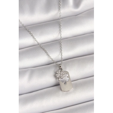 316L Çelik Gümüş Renk Zincir Zirkon Taşlı Yonca Model Kadın Kolye