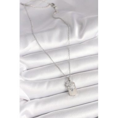 316L Çelik Gümüş Renk Zincir Zirkon Taşlı Yonca Model Kadın Kolye