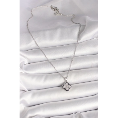 316L Çelik Gümüş Renk Zincir Zirkon Taşlı Yonca Model Kadın Kolye