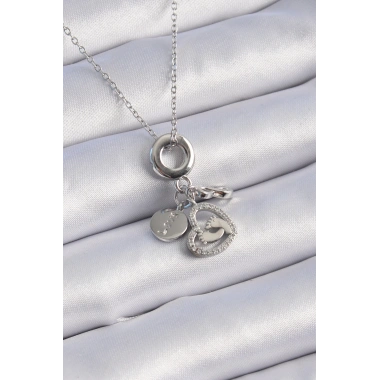 316L Çelik Gümüş Renk Zirkon Taş Detay Kalp Model Charm Kadın Kolye