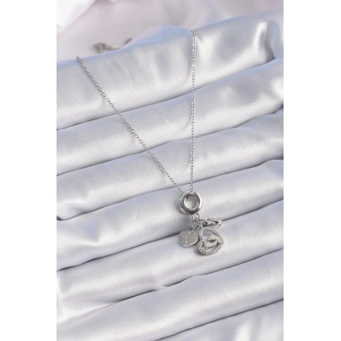 316L Çelik Gümüş Renk Zirkon Taş Detay Kalp Model Charm Kadın Kolye