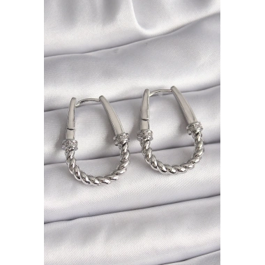 316L Çelik Gümüş Renk Zirkon Taş Detaylı Burma Halka Model Kadın Küpe