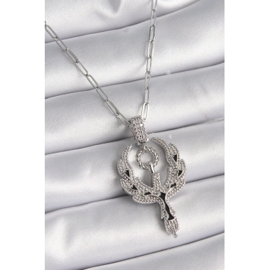 316L Çelik Gümüş Renk Zirkon Taşlı Anka Kuşu Model Kadın Kolye