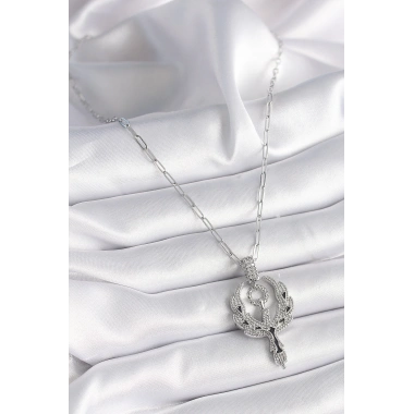 316L Çelik Gümüş Renk Zirkon Taşlı Anka Kuşu Model Kadın Kolye