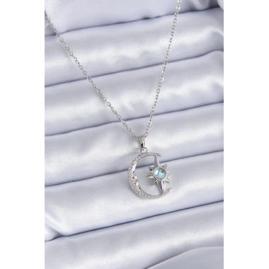 316L Çelik Gümüş Renk Zirkon Taşlı Ay Yıldız Model Kadın Kolye