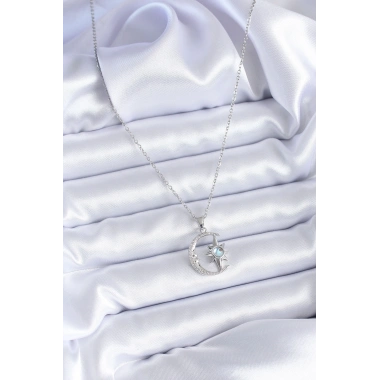 316L Çelik Gümüş Renk Zirkon Taşlı Ay Yıldız Model Kadın Kolye