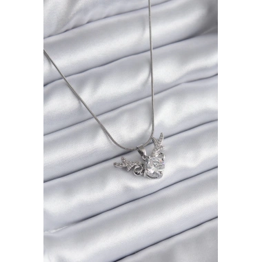 316L Çelik Gümüş Renk Zirkon Taşlı Boynuz Model Kadın Kolye