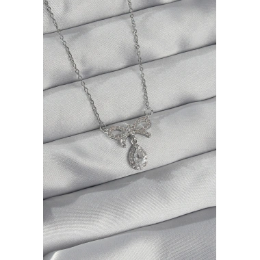 316L Çelik Gümüş Renk Zirkon Taşlı Fiyonk Detay Damla Kolye