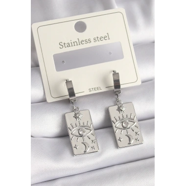 316L Çelik Gümüş Renk Zirkon Taşlı Göz İşleme Detaylı Plaka Model Kadın Küpe