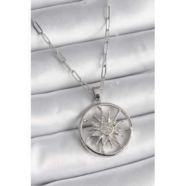 316L Çelik Gümüş Renk Zirkon Taşlı Güneş Madalyon Model Kadın Kolye