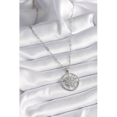 316L Çelik Gümüş Renk Zirkon Taşlı Güneş Madalyon Model Kadın Kolye