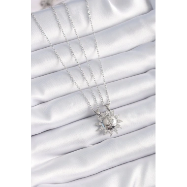 316L Çelik Gümüş Renk Zirkon Taşlı Güneş Model İşleme Yazı Detay Arkadaşlık Kolyesi