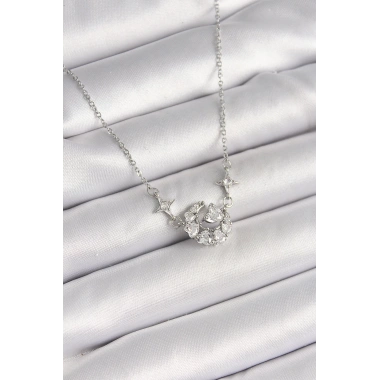 316L Çelik Gümüş Renk Zirkon Taşlı Hilal Kalp Model Kadın Kolye