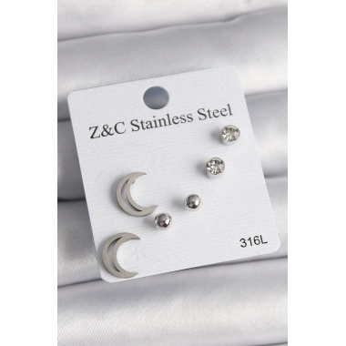 316L Çelik Gümüş Renk Zirkon Taşlı Hilal Model Kadın Küpe Seti