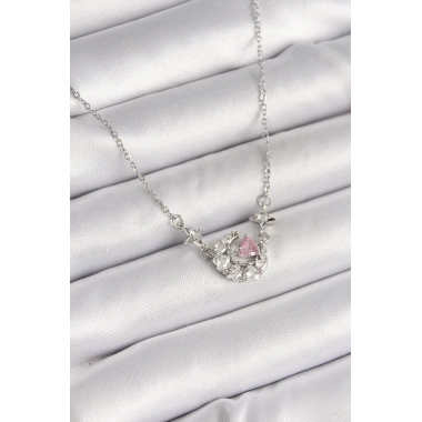 316L Çelik Gümüş Renk Zirkon Taşlı Hilal Pembe Kalp Model Kadın Kolye