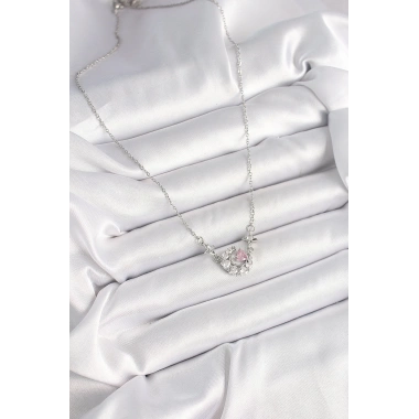 316L Çelik Gümüş Renk Zirkon Taşlı Hilal Pembe Kalp Model Kadın Kolye