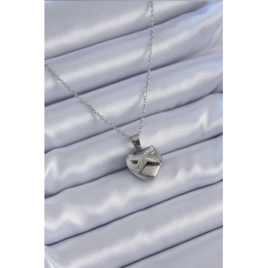 316L Çelik Gümüş Renk Zirkon Taşlı Kalp Model Kadın Kolye