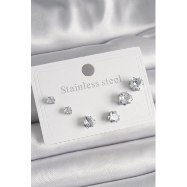 316L Çelik Gümüş Renk Zirkon Taşlı Kalp Model Kadın Küpe Seti