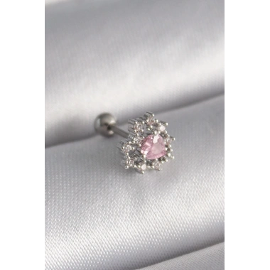 316L Çelik Gümüş Renk Zirkon Taşlı Kalp Tragus Piercing