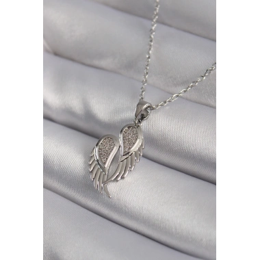 316L Çelik Gümüş Renk Zirkon Taşlı Kanat Model Kadın Kolye
